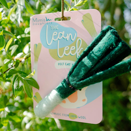 Kattenspeeltje in de vorm van een prei, gemaakt van natuurlijk gevilte wol – perfect voor milieubewuste kattenliefhebbers