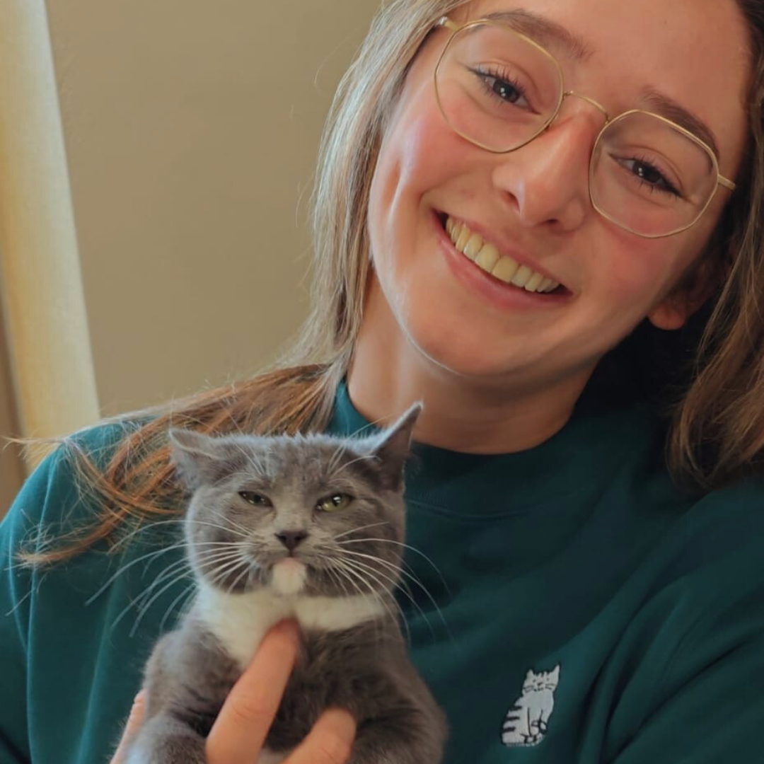 Eco-vriendelijke sweater in groen met geborduurde grijze kat, unisex pasvorm