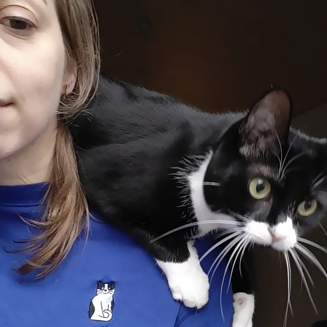 Stijlvolle blauwe trui met zwart-witte tuxedo kat, duurzaam geproduceerd
