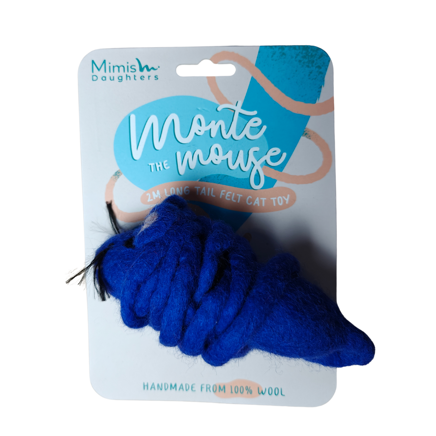 Blauw kattenspeelgoed in de vorm van een muis met een 2 meter lange staart, gemaakt van gevilte wol – duurzaam en handgemaakt