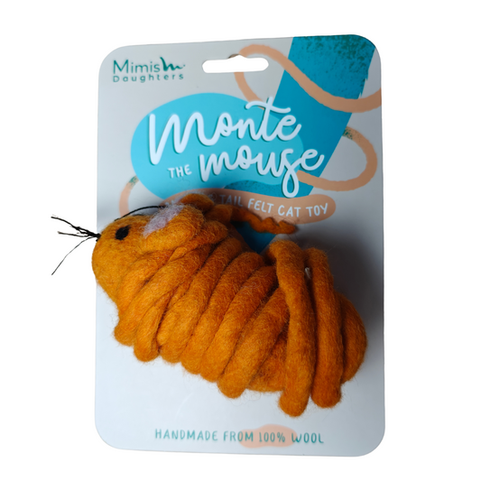 Oranje muisvormig kattenspeeltje met extra lange staart van gevilte wol – milieuvriendelijk en veilig voor speelse katten