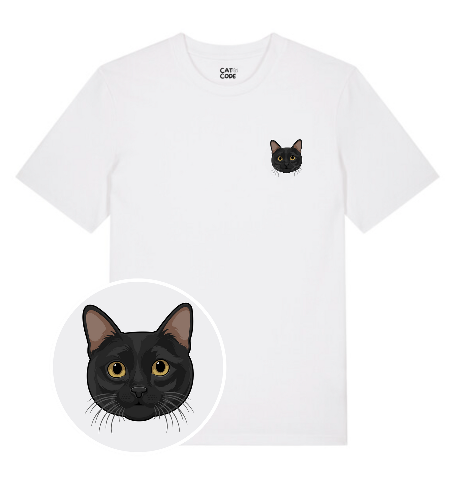 Detail van zwarte kattenkop als print op witte t-shirt.
