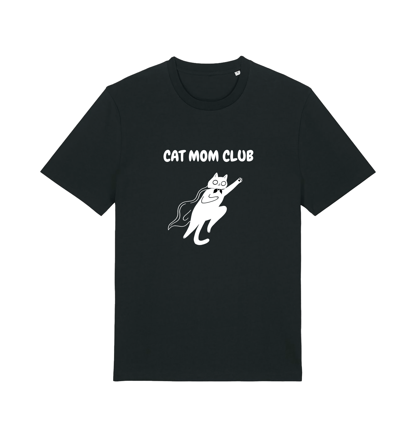Zwart unisex T-shirt met Cat Mom Club design en superheld kat. Comfortabel, duurzaam en perfect voor kattenliefhebbers.