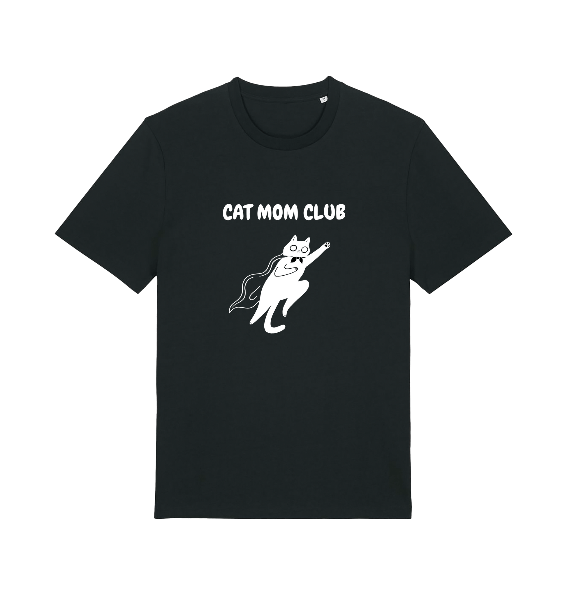 Zwart unisex T-shirt met Cat Mom Club design en superheld kat. Comfortabel, duurzaam en perfect voor kattenliefhebbers.