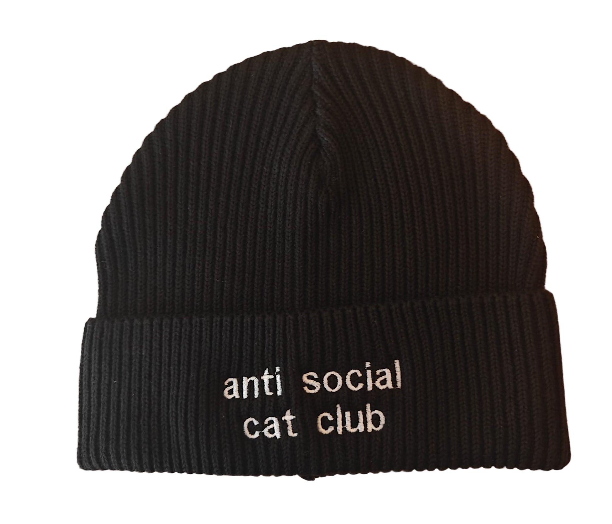 Zwarte muts beanie geborduurd anti social cat club