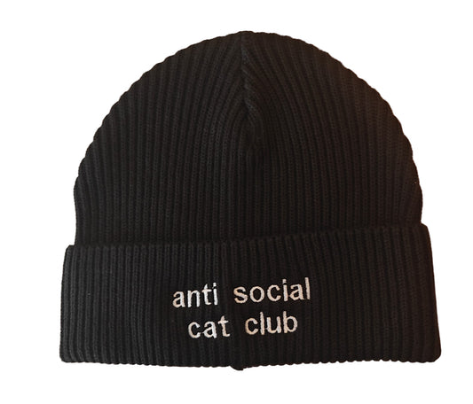 Zwarte muts beanie geborduurd anti social cat club