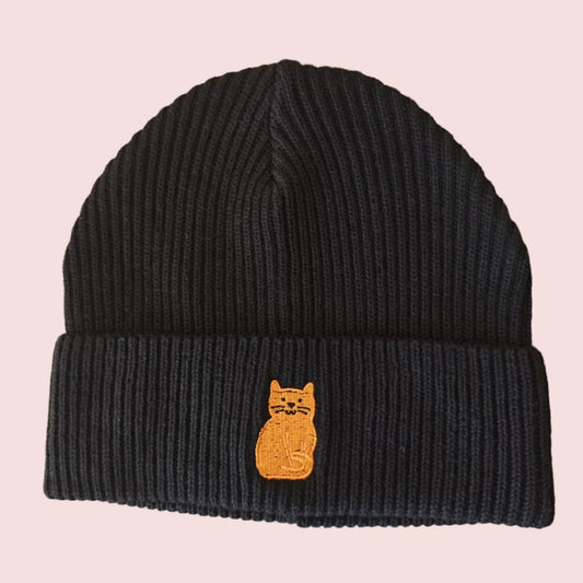 Black beanie with an embroidered ginger cat