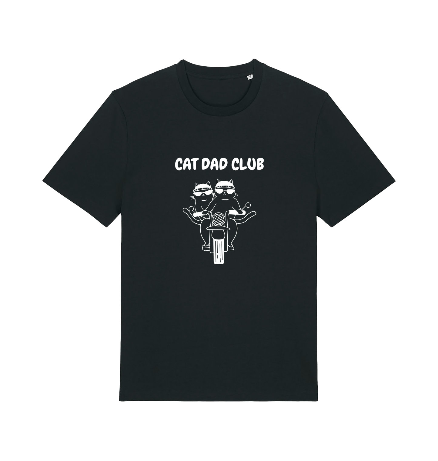 Zwart unisex T-shirt met Cat Dad Club print en katten op motor. Perfect voor kattenliefhebbers, gemaakt van biologisch katoen.