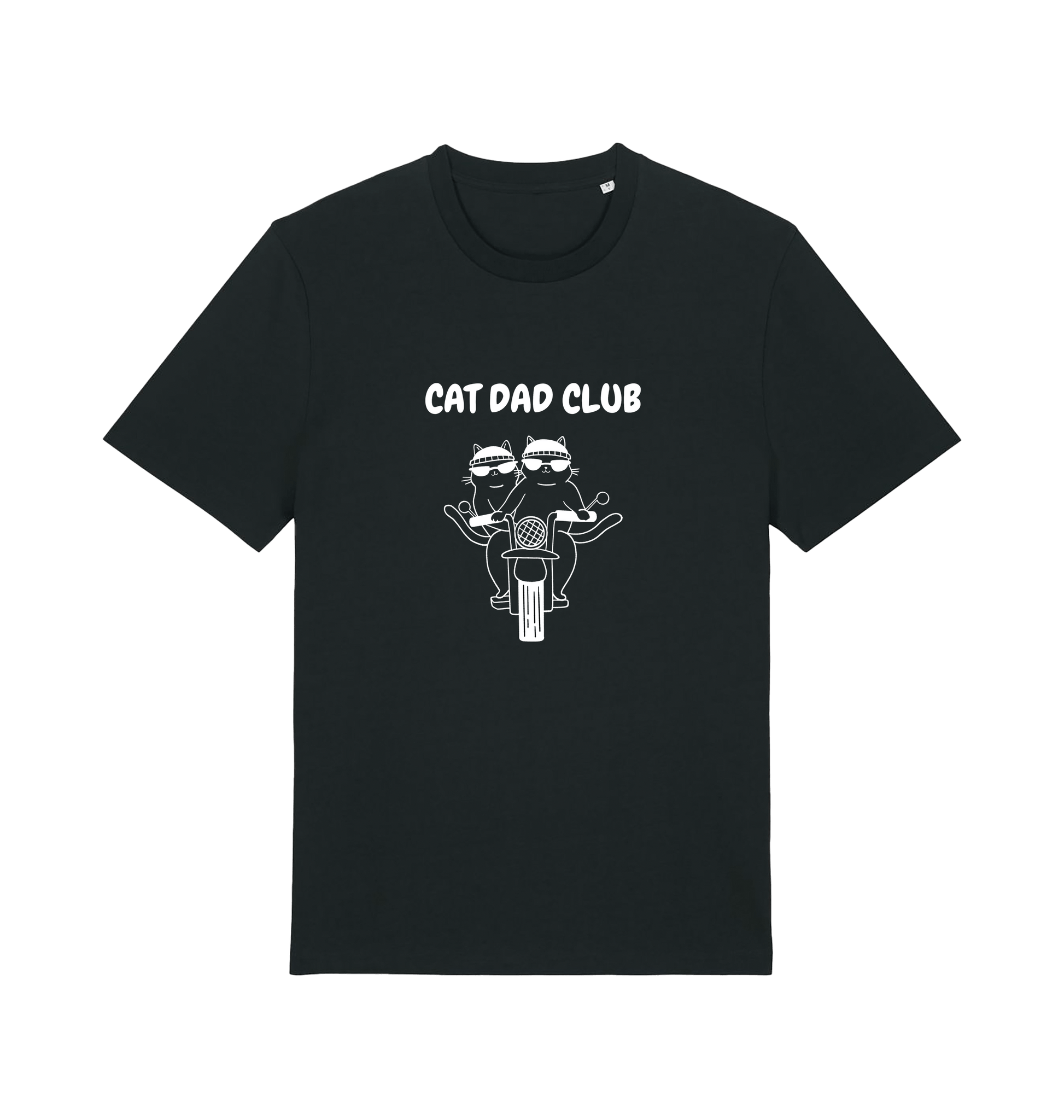 Zwart unisex T-shirt met Cat Dad Club print en katten op motor. Perfect voor kattenliefhebbers, gemaakt van biologisch katoen.