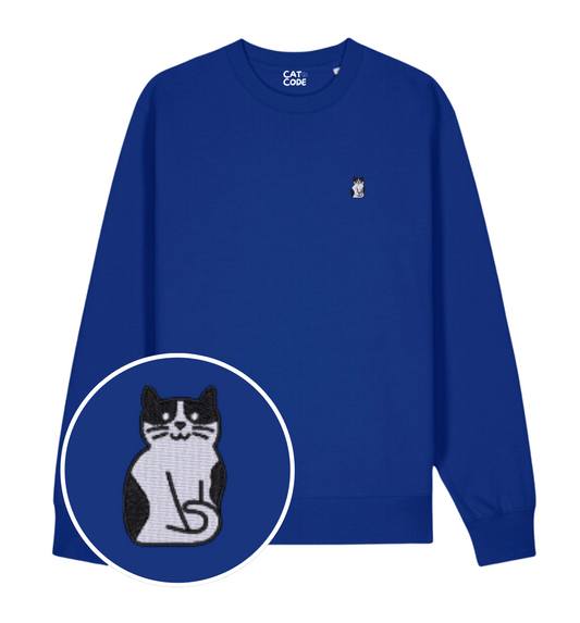 Blauwe unisex sweater met geborduurde tuxedo kat van 100% organisch katoen


