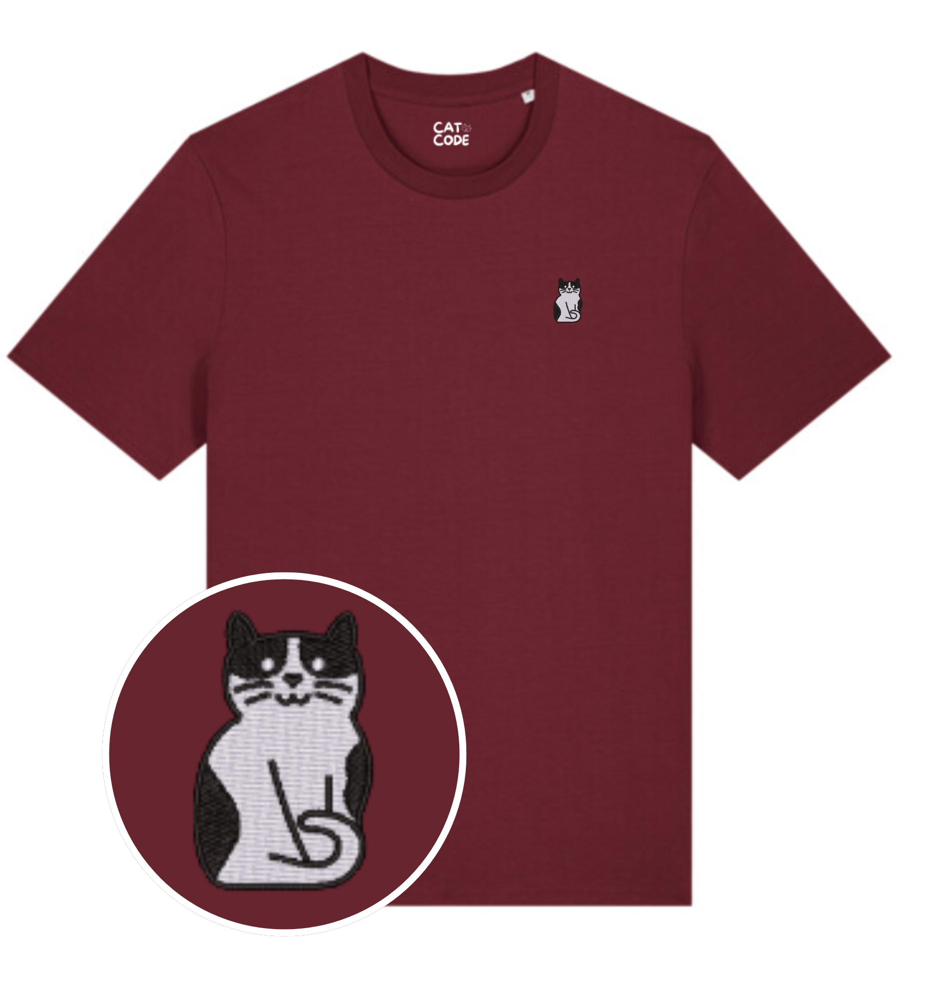 Detail van geborduurde tuxedo kat op bordeaux katoenen t-shirt.