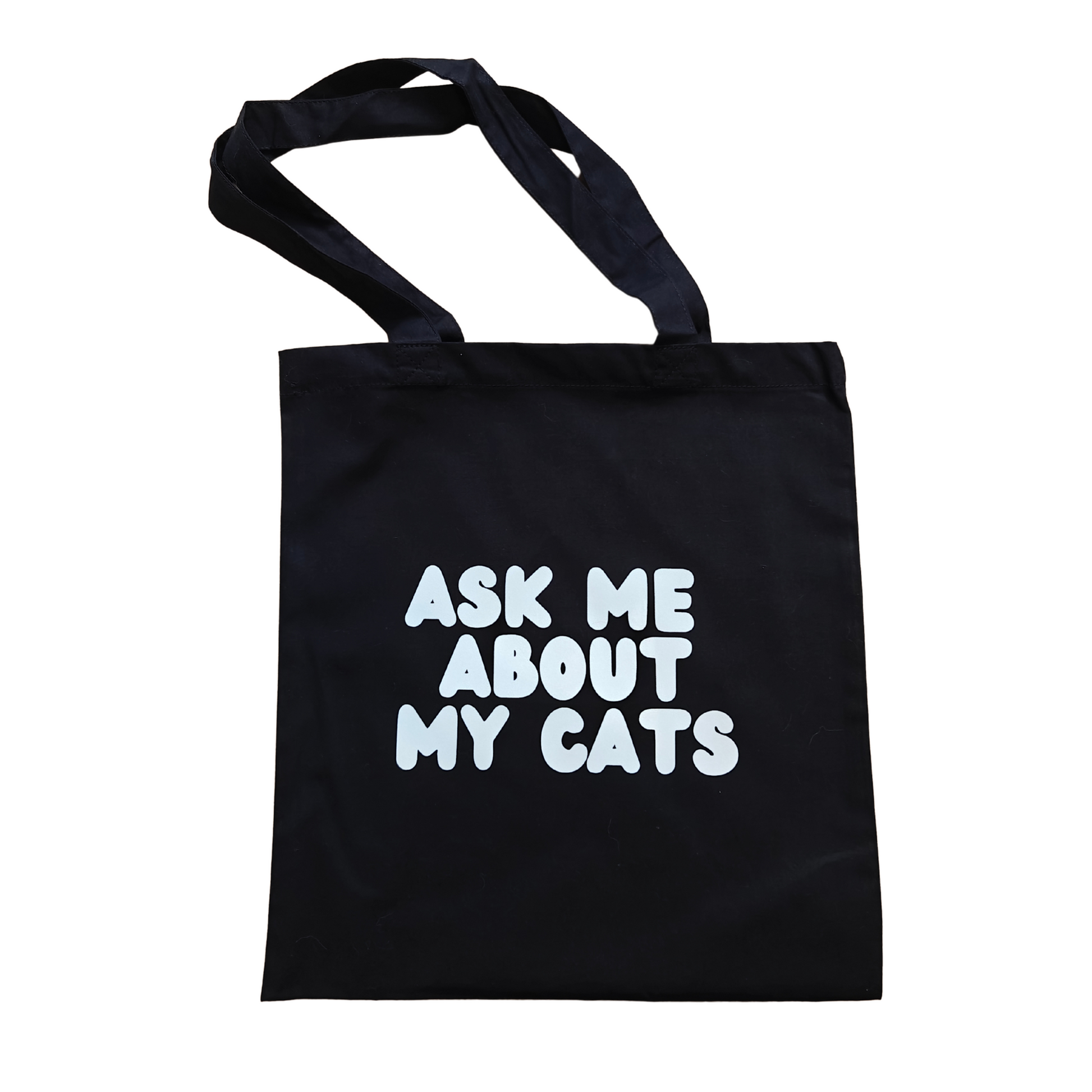 Minimalistische tote met kattenquote: “Ask Me About My Cats”

