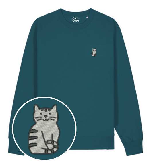 Groene unisex sweater van biologisch katoen met een geborduurde grijze tabby kat

