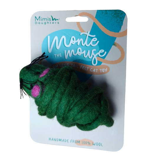 Groene muis van gevilte wol met 2 meter lange staart – ecologisch kattenspeelgoed voor actief spel