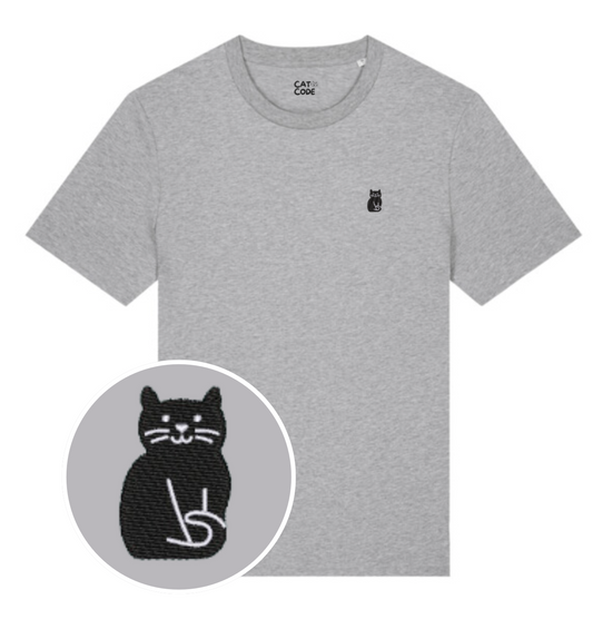 Lichtgrijze t-shirt met geborduurde zwarte kat op de borst, vooraanzicht.