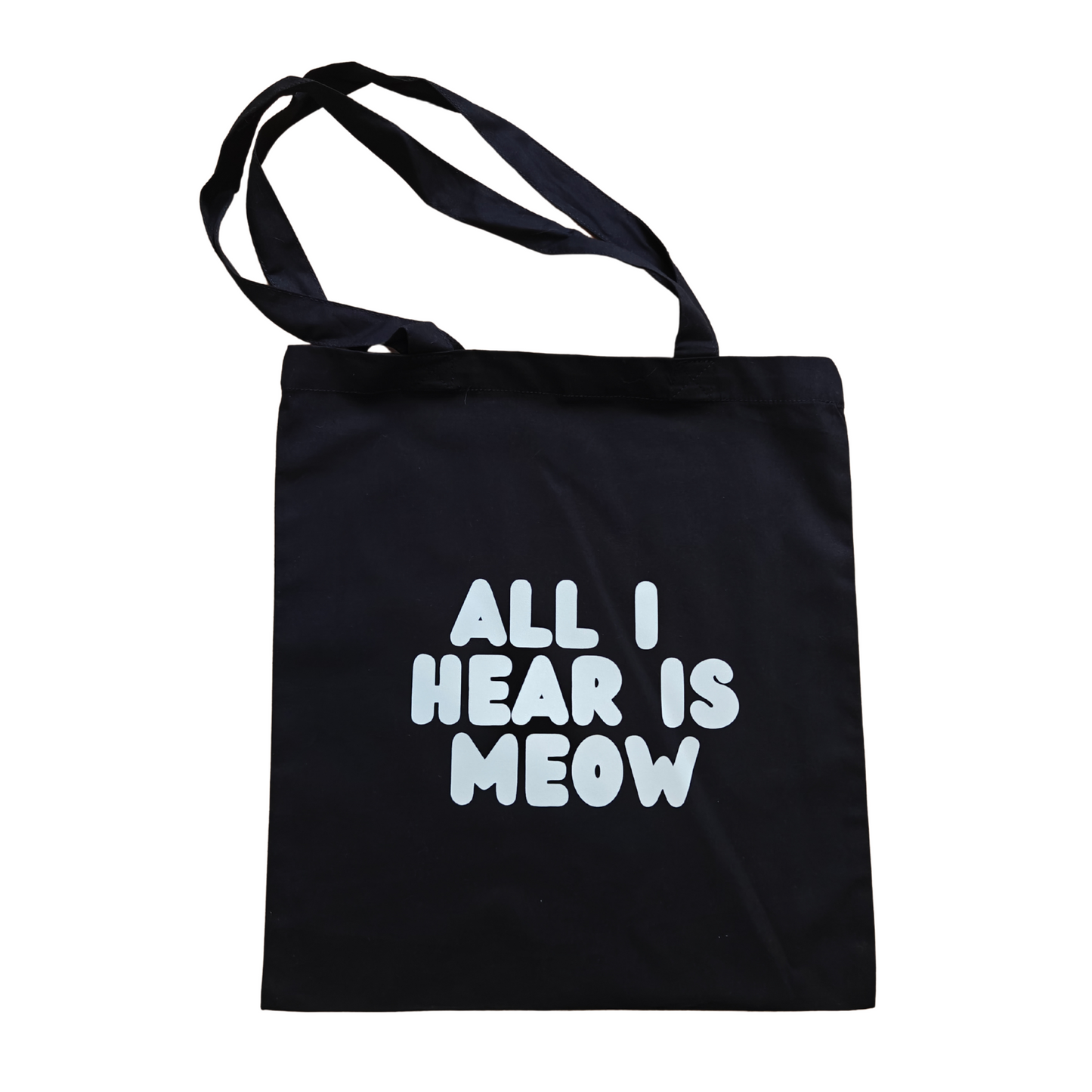 Totebag met de tekst “All I Hear Is Meow” – perfect voor kattenfans