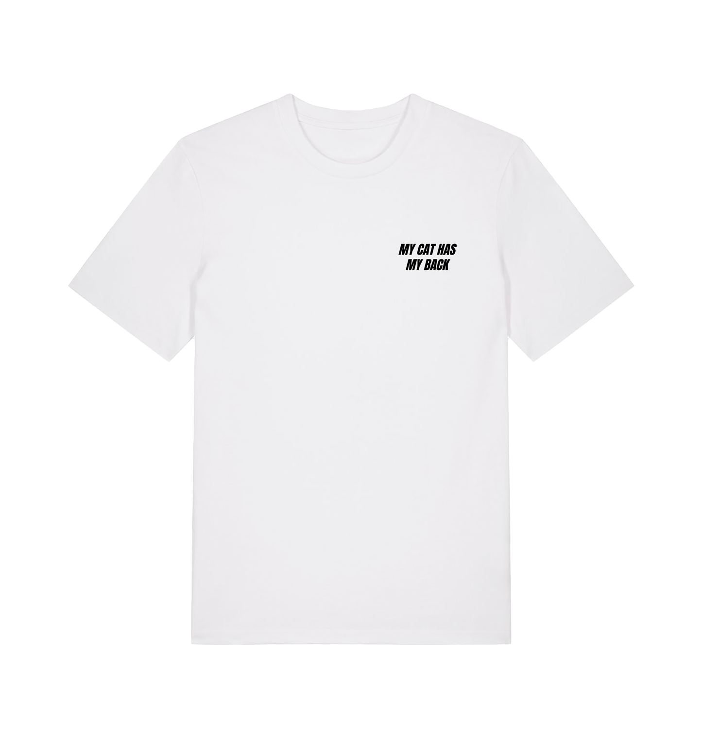 White Unisex T-shirt with writing My Cat Has My Back and illustration of cat on the back