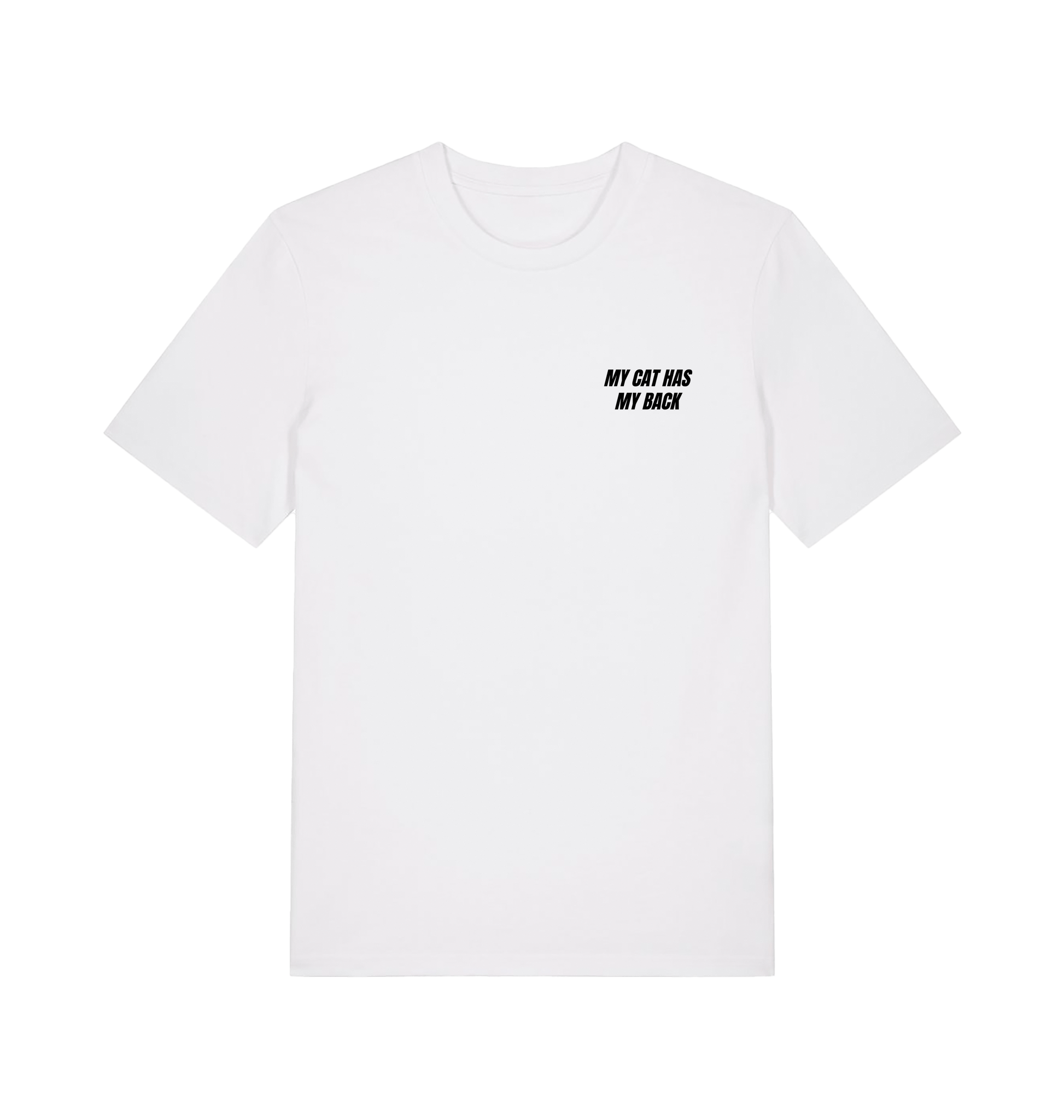 White Unisex T-shirt with writing My Cat Has My Back and illustration of cat on the back