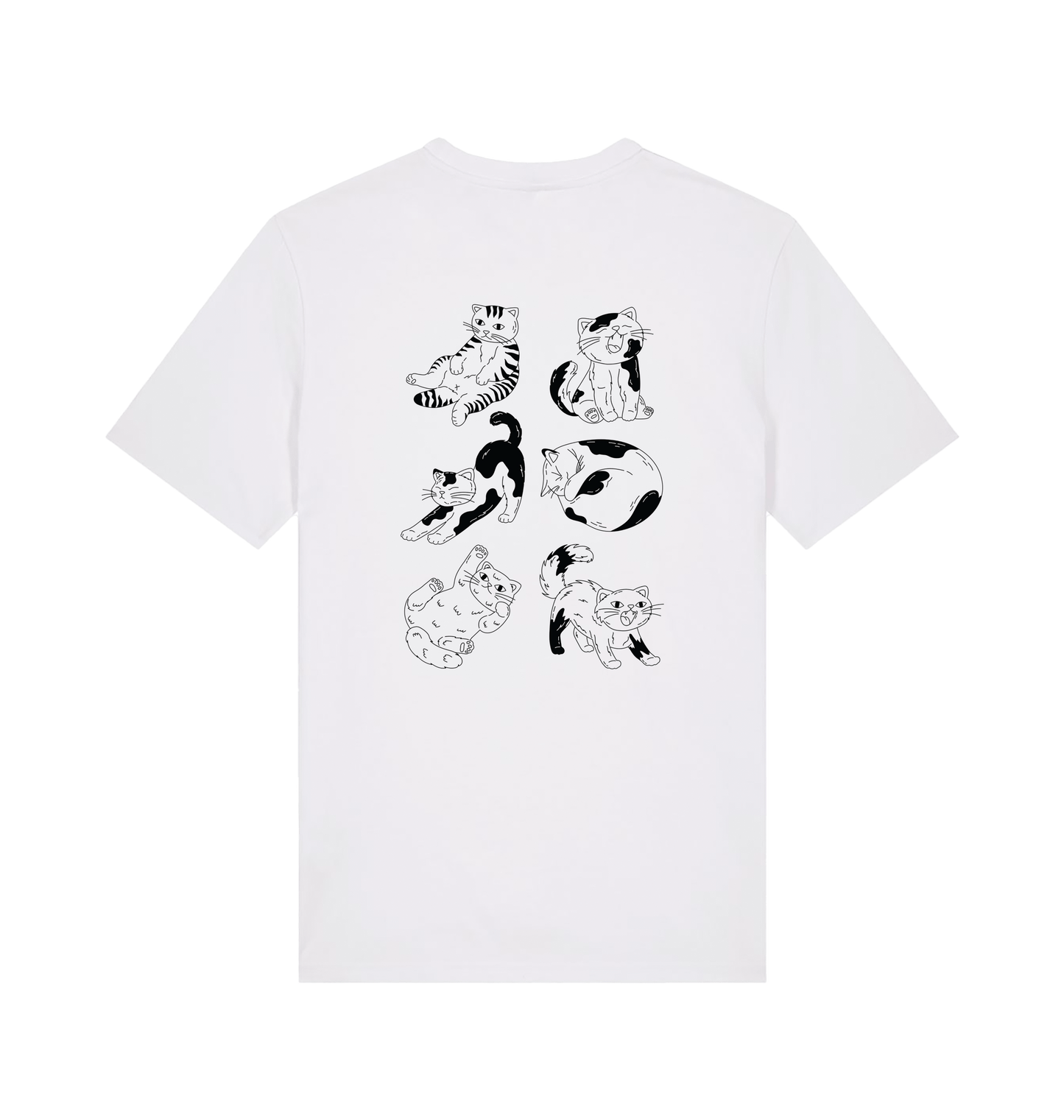 Wit unisex T-shirt met unieke katten print voor- en achterkant. Gemaakt van biologisch katoen, comfortabel en duurzaam.