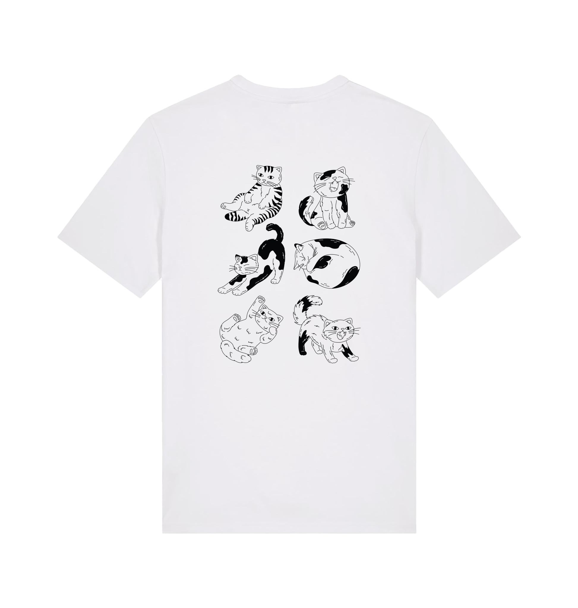 Wit unisex T-shirt met unieke katten print voor- en achterkant. Gemaakt van biologisch katoen, comfortabel en duurzaam.
