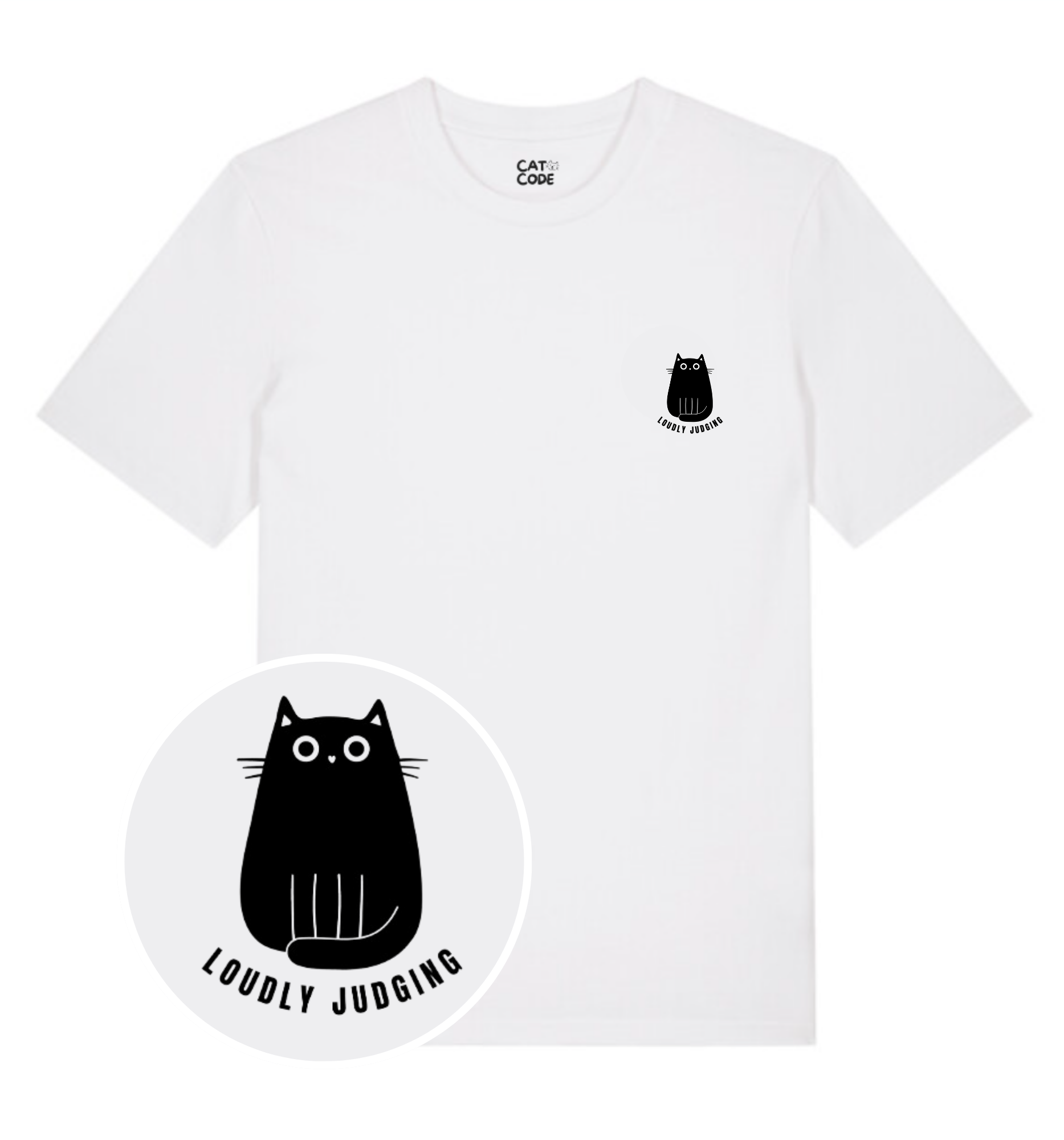 Detail van tekening van kat met opschrift ‘Loudly Judging’ op witte t-shirt.