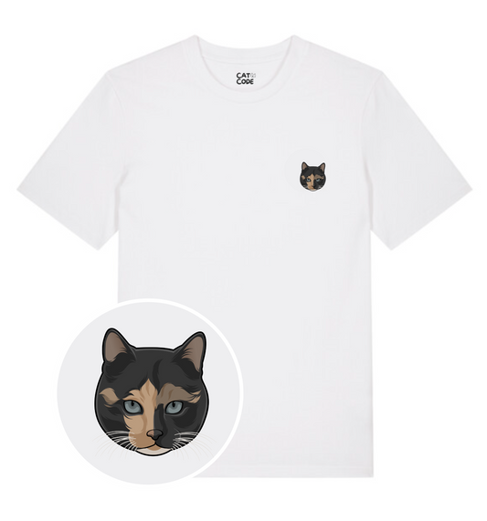 Detail van geprinte afbeelding van tricolor kat op witte t-shirt