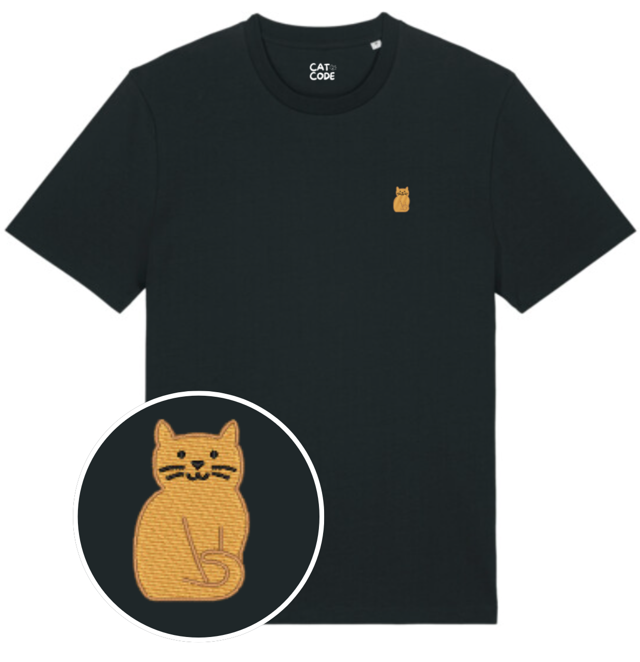 “Zwart t-shirt met geborduurde rosse kat, perfect voor kattenliefhebbers”