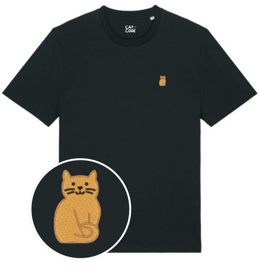 “Zwart t-shirt met geborduurde rosse kat, perfect voor kattenliefhebbers”