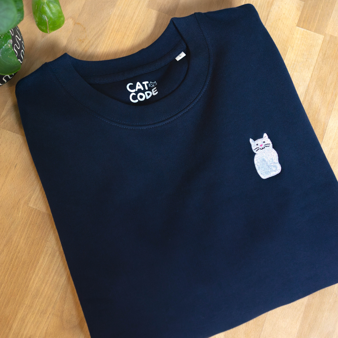 Unisex Sweater Embroidered Grey Cat